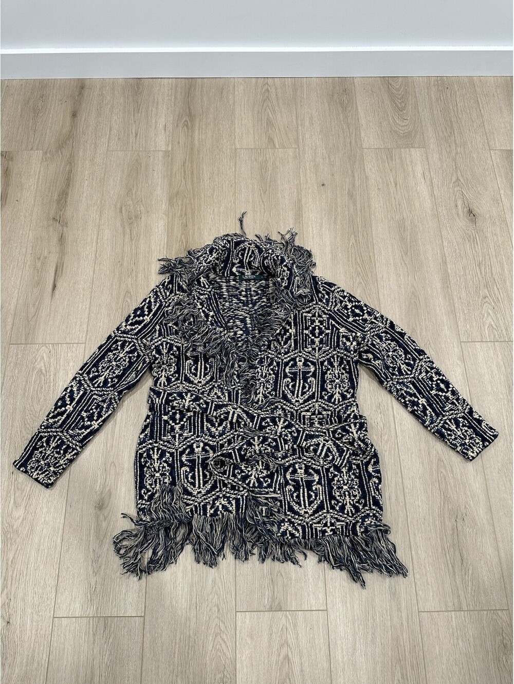VTG RALPH LAUREN Jeans LRL Aztec tribal Navajo INDIAN sweater Cardigan PL Fringe